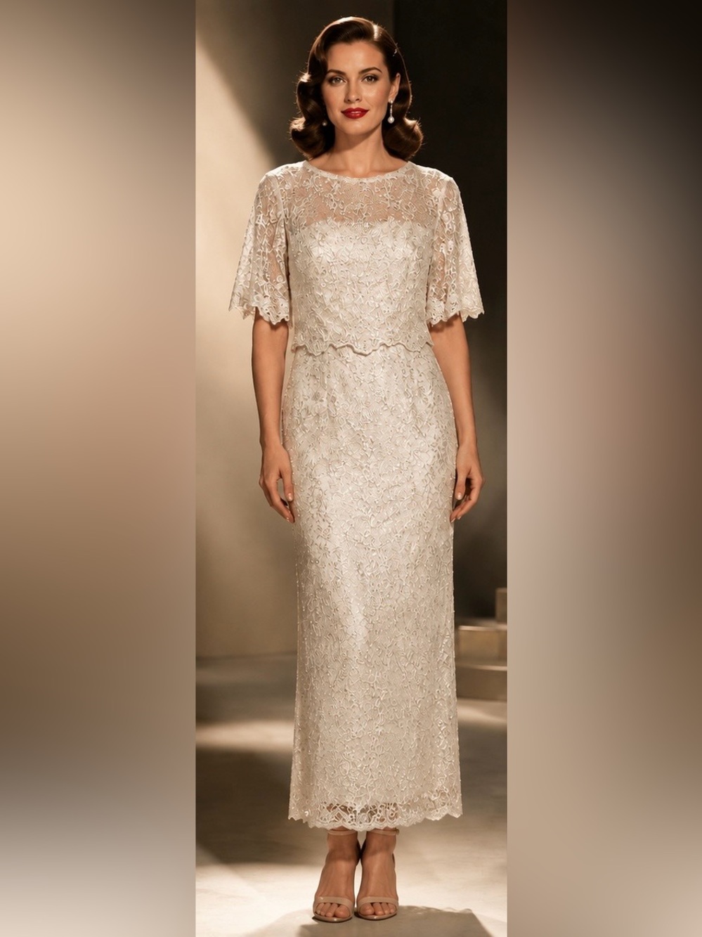 NWT Adrianna Papell Champagne Biscotti Sequin Lace Popover Formal Gown, Size 0P